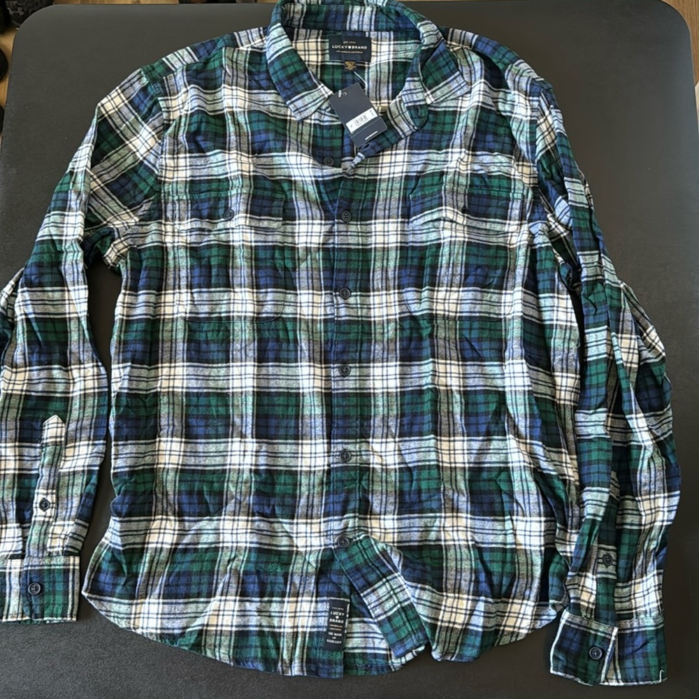 Lucky Brand XL Blue and Green Plaid Button Up Long Sleeve Shirt